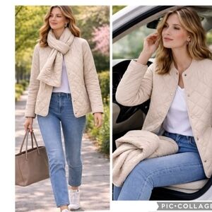 NWOT Quilted Cream Lightweight Jacket with Matching Scarf, SZ Med